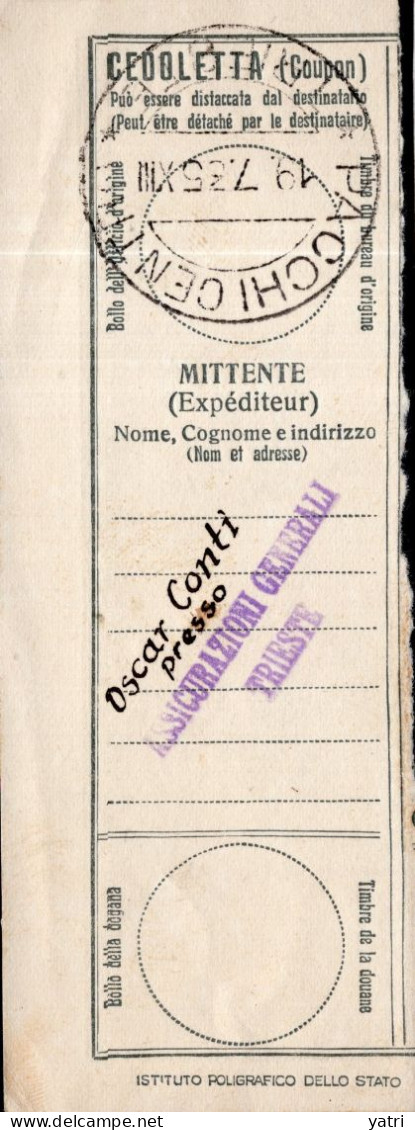 Regno D'Italia (1935) - Cedoletta Di Bollettino Pacchi Spedito Da - Paquetes Postales