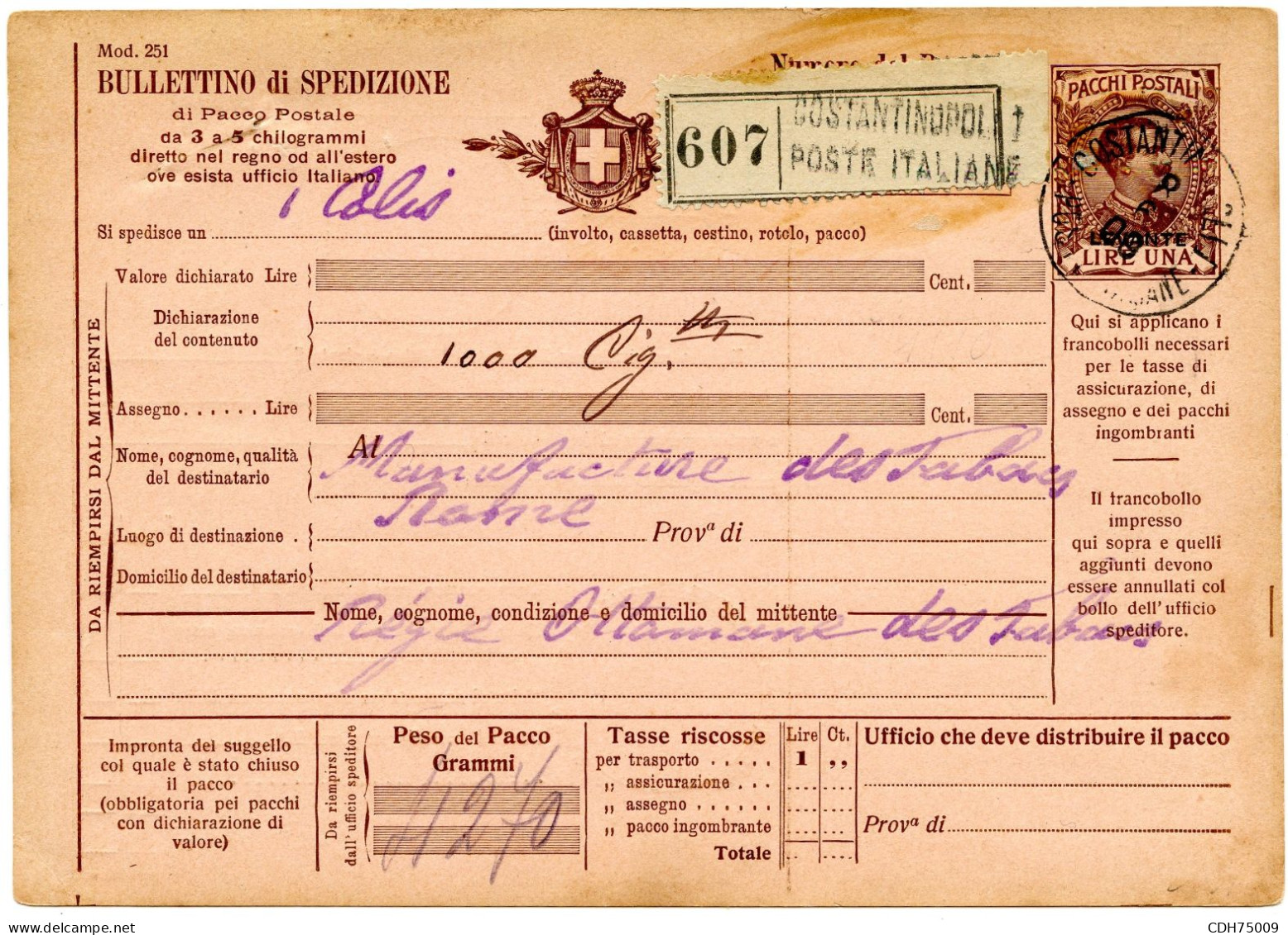 ITALIE - BULLETIN DE COLIS POSTAL DE CONSTANTINOPOLI POUR LA FRANCE, 1909 - European And Asian Offices