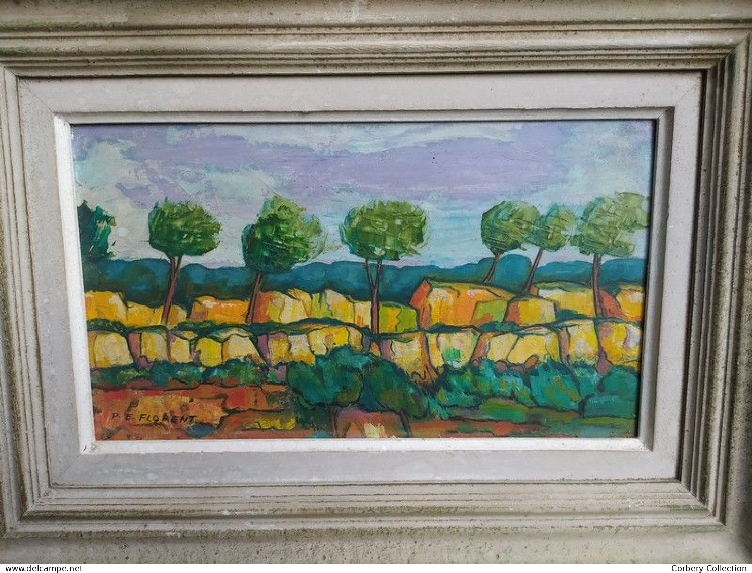 Tableau Peinture à L'Huile Sur Panneau D'Isorel /Paysage Rocheux Et Arboré Signé P. E. Florent. - Olii