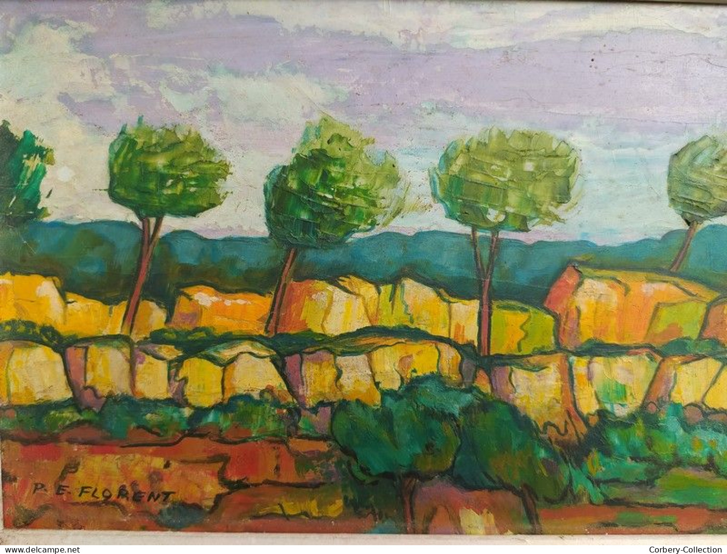 Tableau Peinture à L'Huile Sur Panneau D'Isorel /Paysage Rocheux Et Arboré Signé P. E. Florent. - Oils