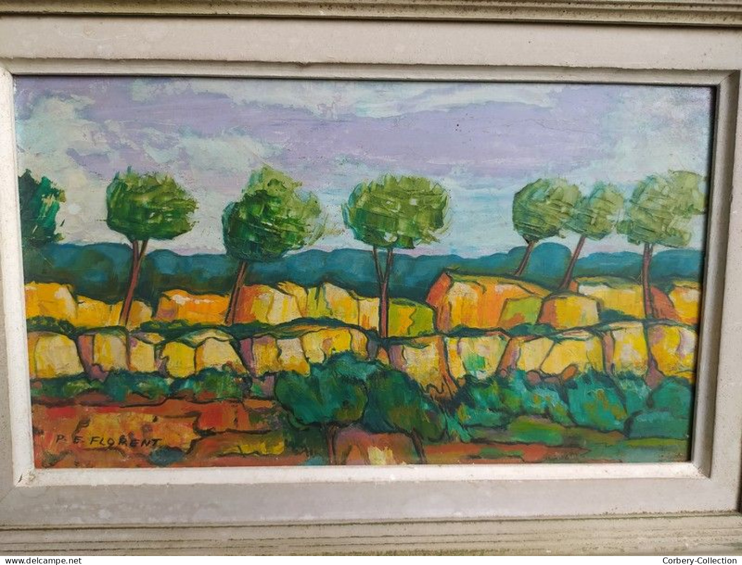 Tableau Peinture à l'Huile sur Panneau d'Isorel /Paysage Rocheux et Arboré Signé P. E. Florent.