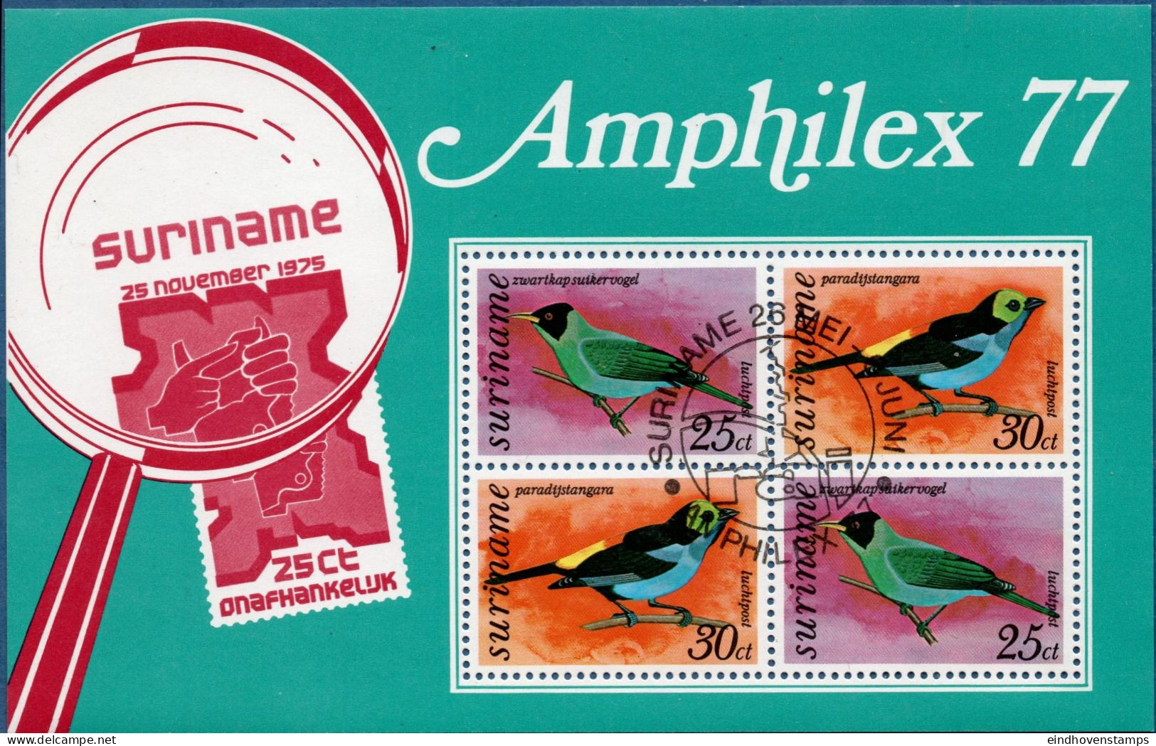 Suriname 1977 Birds Amphilex Block Issue First Day Cancel Chloraphanes Spiza, Tangara Chilensis - Other (Sea)