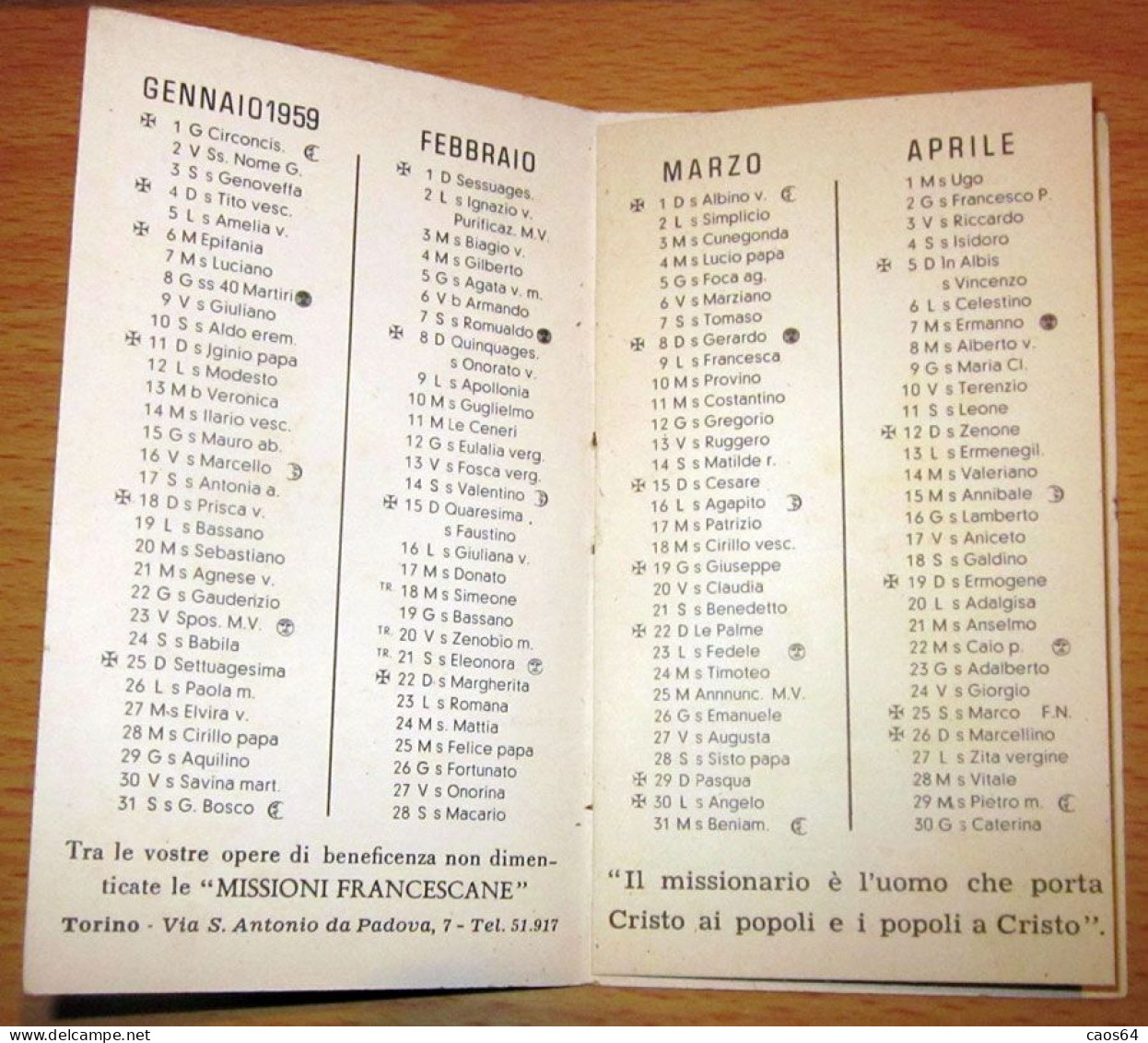 Missioni Francescane Piemontesi CALENDARIO TASCABILE 1959 - Petit Format : 1941-60