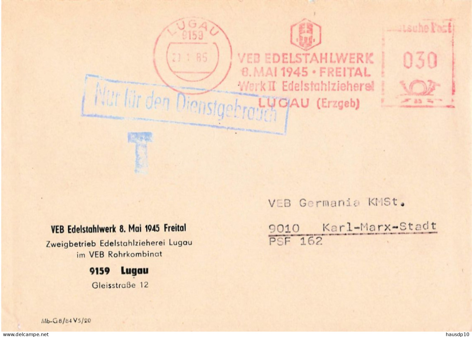 DDR Brief VEB Edelstahlwerk 8.Mai 1945 Freital Lugau 1985 Dienstpost - Frankeermachines (EMA)