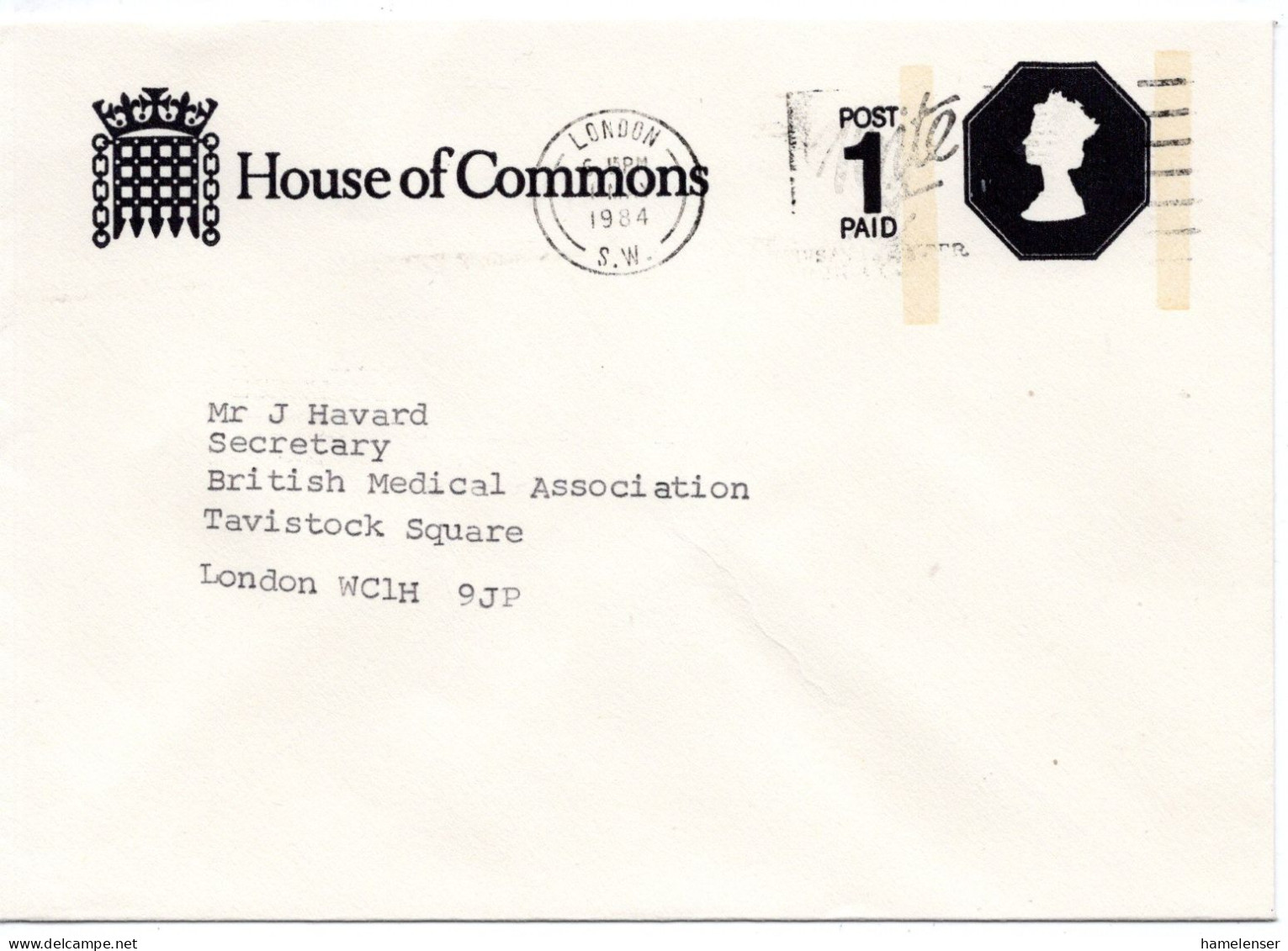 73961 - Grossbritannien - 1984 - "1st" Machin GAUmschlag Als OrtsBf "House Of Commons" LONDON - ... - Briefe U. Dokumente