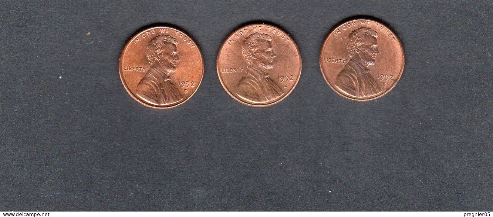 USA - Lot 3 Pièces 1 Cent Lincoln Memorial Penny 1992D TTB/VF  KM.201a - 1959-…: Lincoln, Memorial Reverse