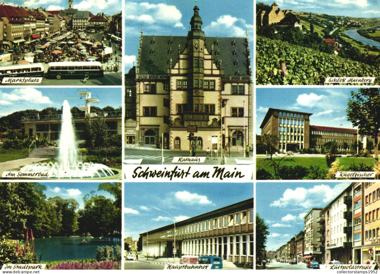 SCHWEINFURT, MULTIPLE VIEWS, ARCHITECTURE, BUS, UMBRELLA, MARKET, FOUNTAIN, RESORT, LAKE, CARS, CASTLE,GERMANY, POSTCARD - Schweinfurt