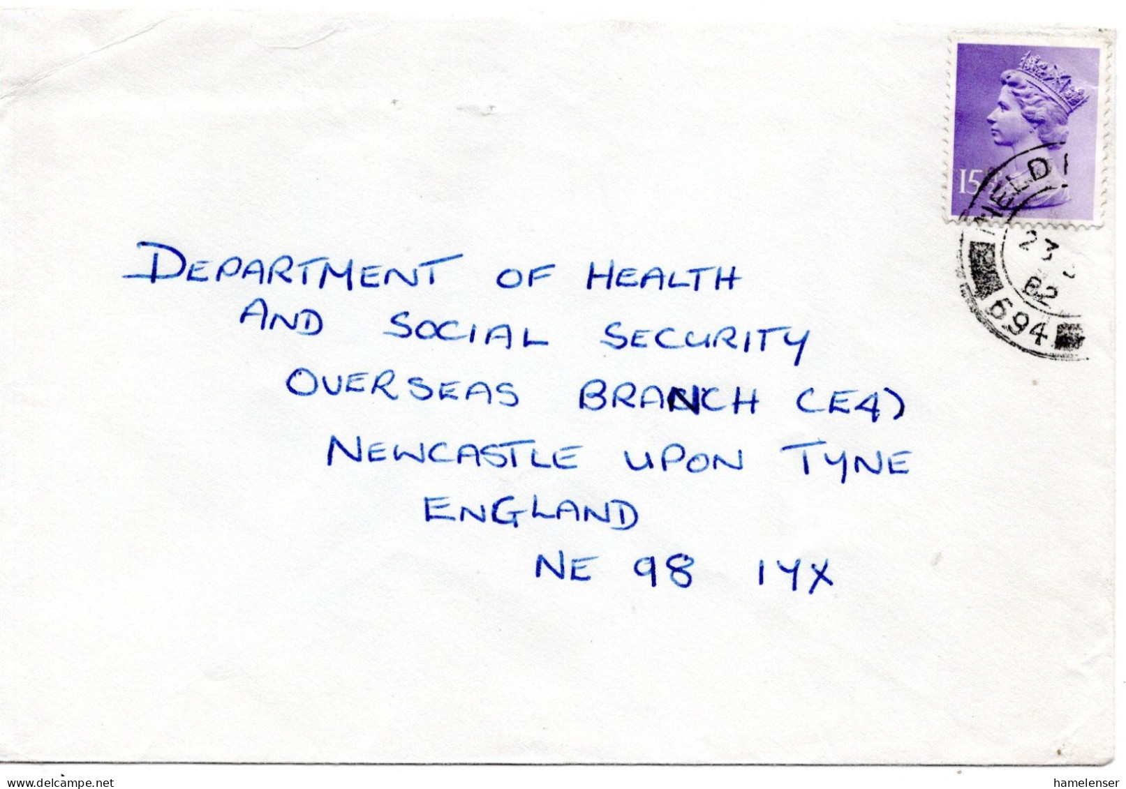 73968 - Grossbritannien - 1982 - 15,5p Machin EF A Bf FIELD POST OFFICE 694 -> Newcastle Upon Tyne - Cartas & Documentos