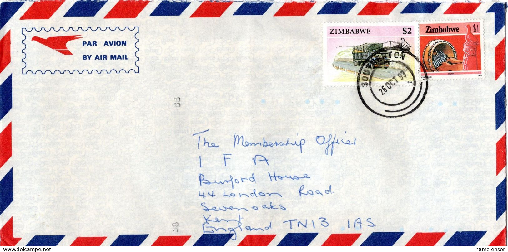 L73978 - Zimbabwe - 1993 - $2 Lkw MiF A LpBf SOUTHERTON -> Grossbritannien - Zimbabwe (1980-...)