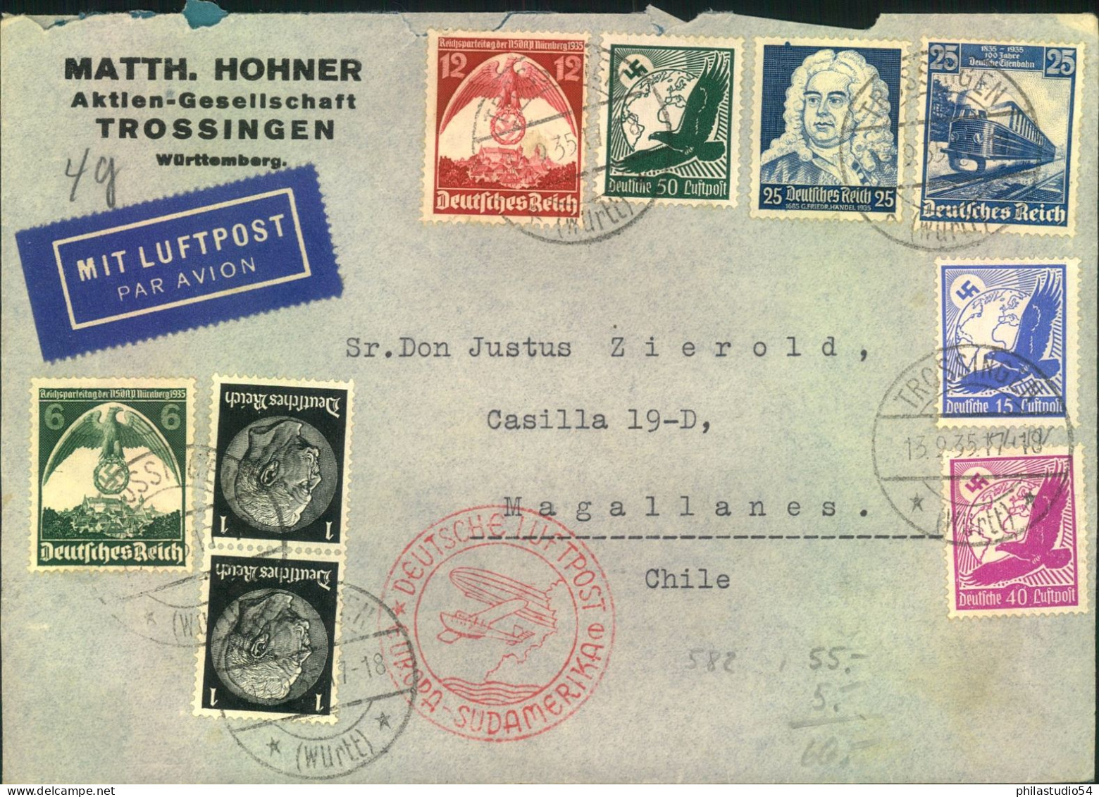 1935, Bunt Frankierter Luftpostbrief Ab TROSSINGEN Nach Magallanes, Chile - Enteros Postales Privados