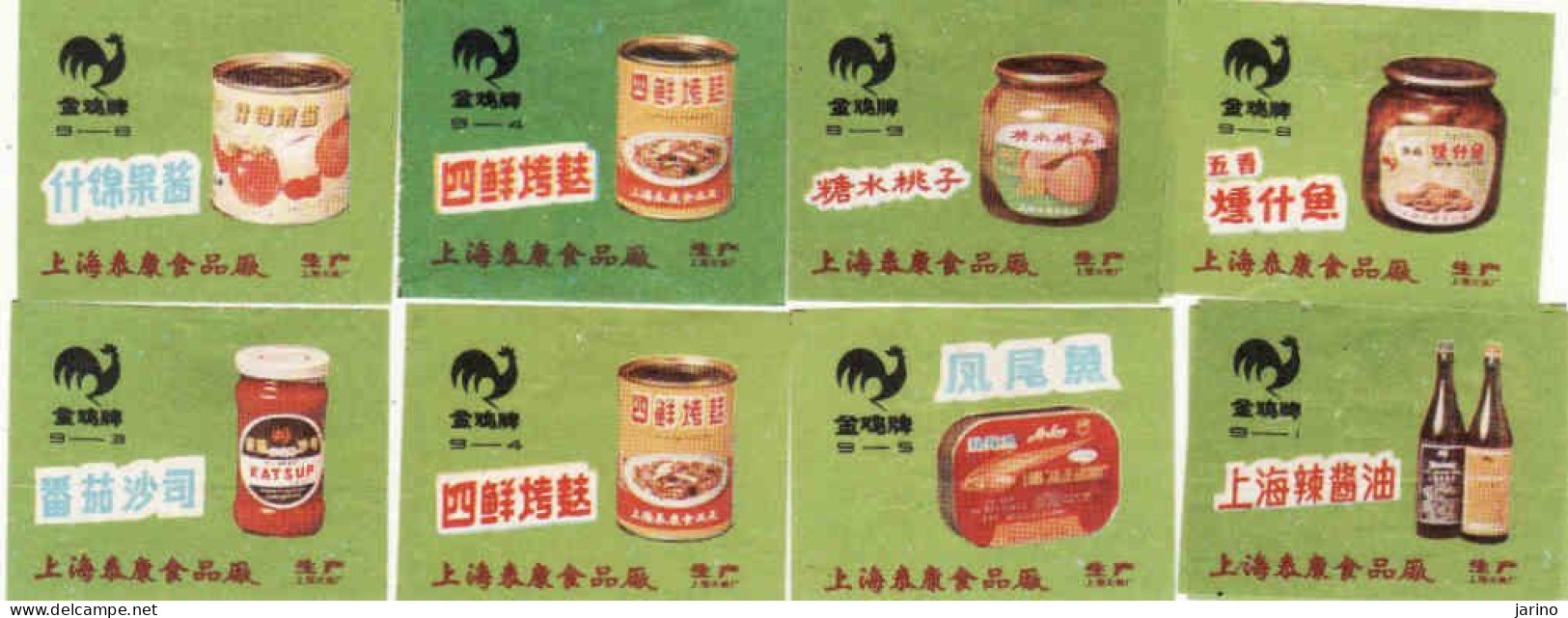 China Set 8 Different Matchbox Labels, Foodstuffs, Can, The Cock - Boites D'allumettes - Etiquettes