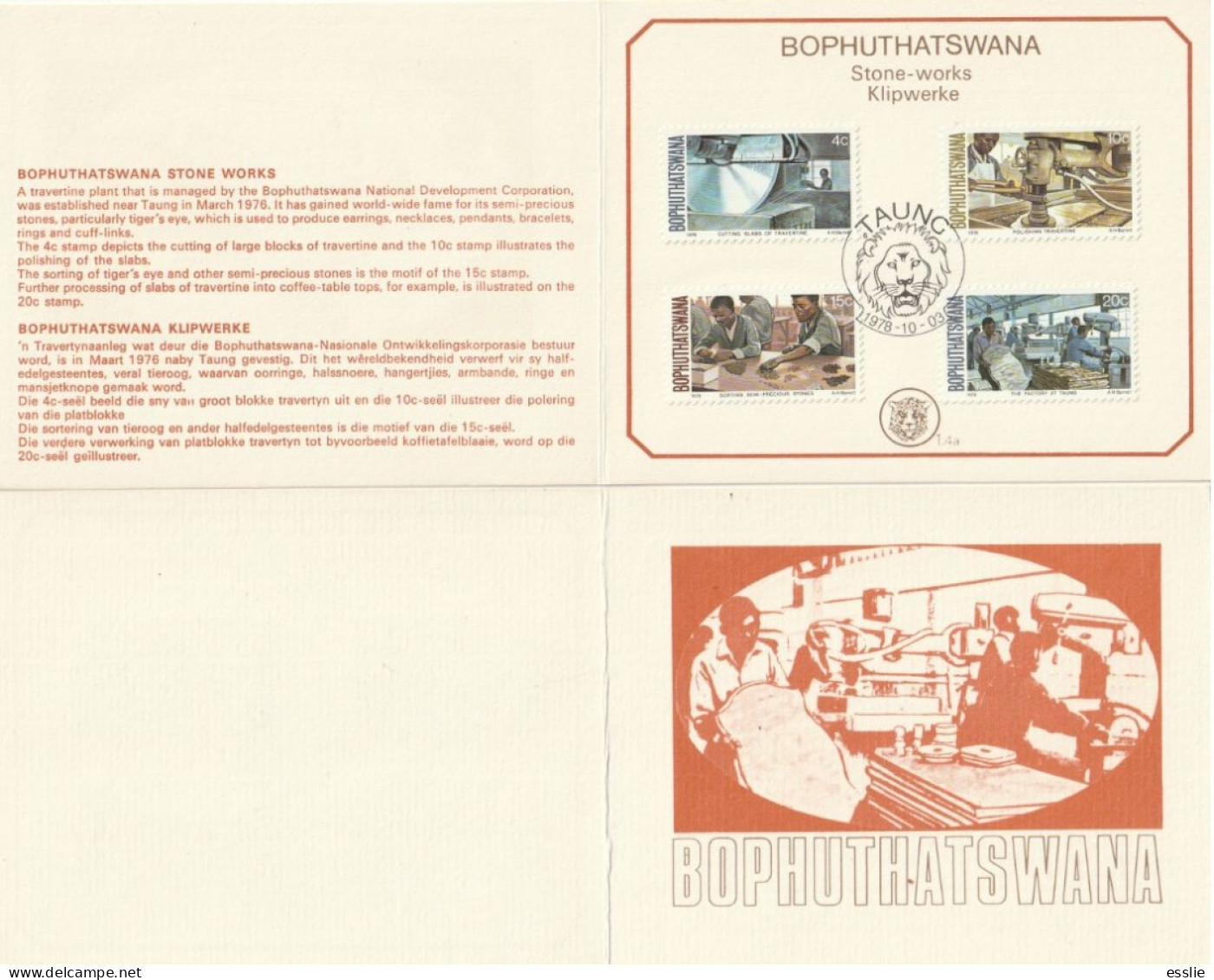 Bophuthatswana - 1978 - Taung Stone Works, Semi Precious Stones - First Day Collectors Small Card - Bofutatsuana