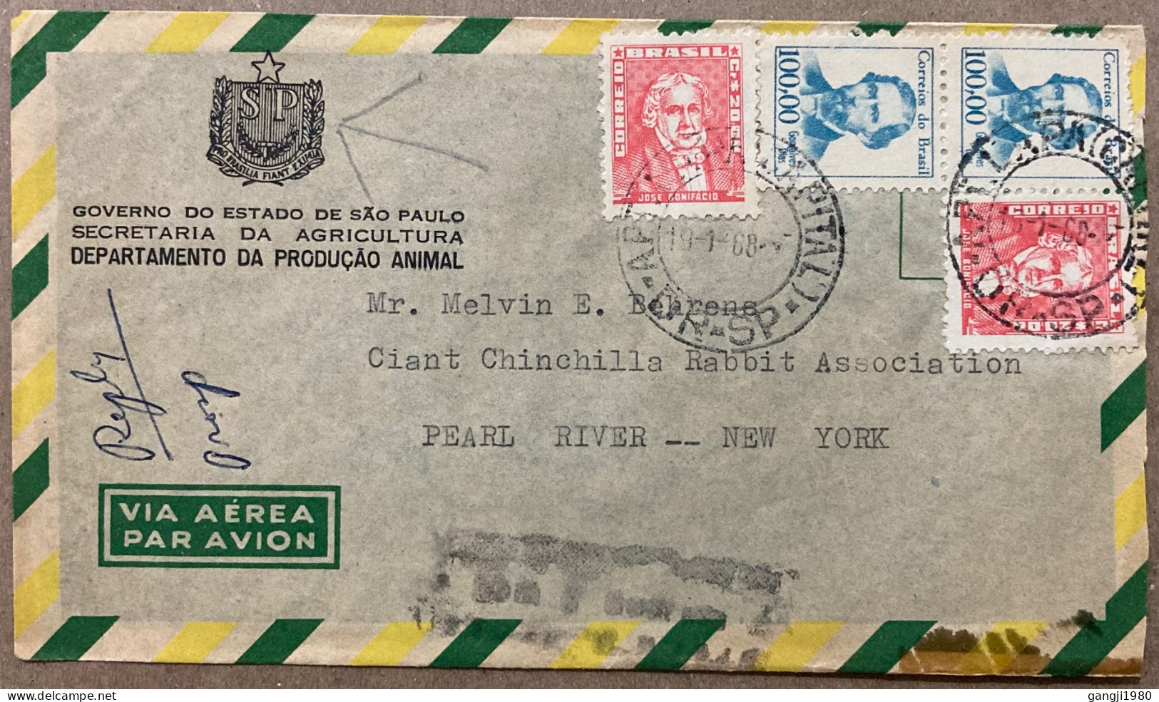 BRAZIL1968, COVER USED TO USA, ADVERTISING COVER, AGRICULTURE MINISTRY, ANIMAL & RABBIT BREEDER, IMPORT- EXPORT, ENCLOSE - Covers & Documents