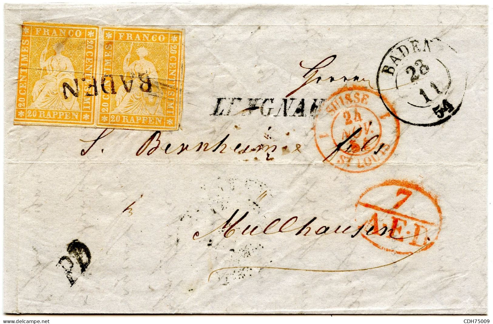 SUISSE - 20 RP PAIRE OBLITEREE BADEN SUR LETTRE DE LENGNAU POUR MULHOUSE, 1854 - Lettres & Documents