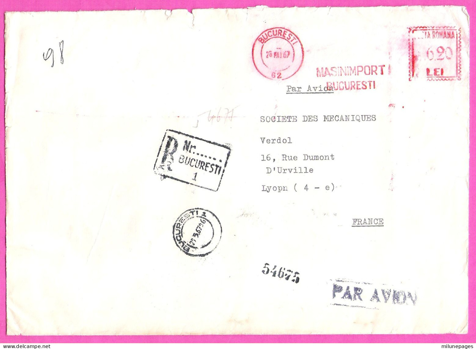 Roumanie Romania EMA Rouge Firme Masinimport Sur Lettre Recommandée Par Avion Bucarest Bucuresti 6.20 Lei 1967 - Frankeermachines (EMA)