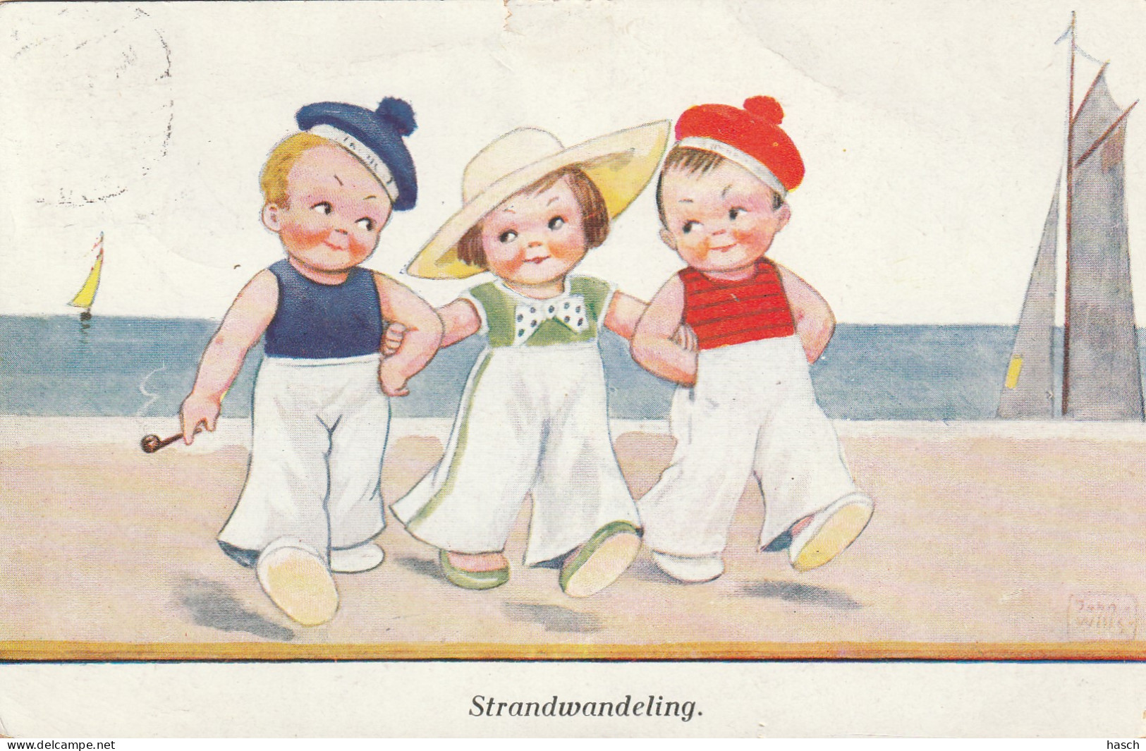 4924 161 Illustrator John Willis, Strandwandeling  1934. (Bovenrand Een Klein Scheurtje)  - Wills, John