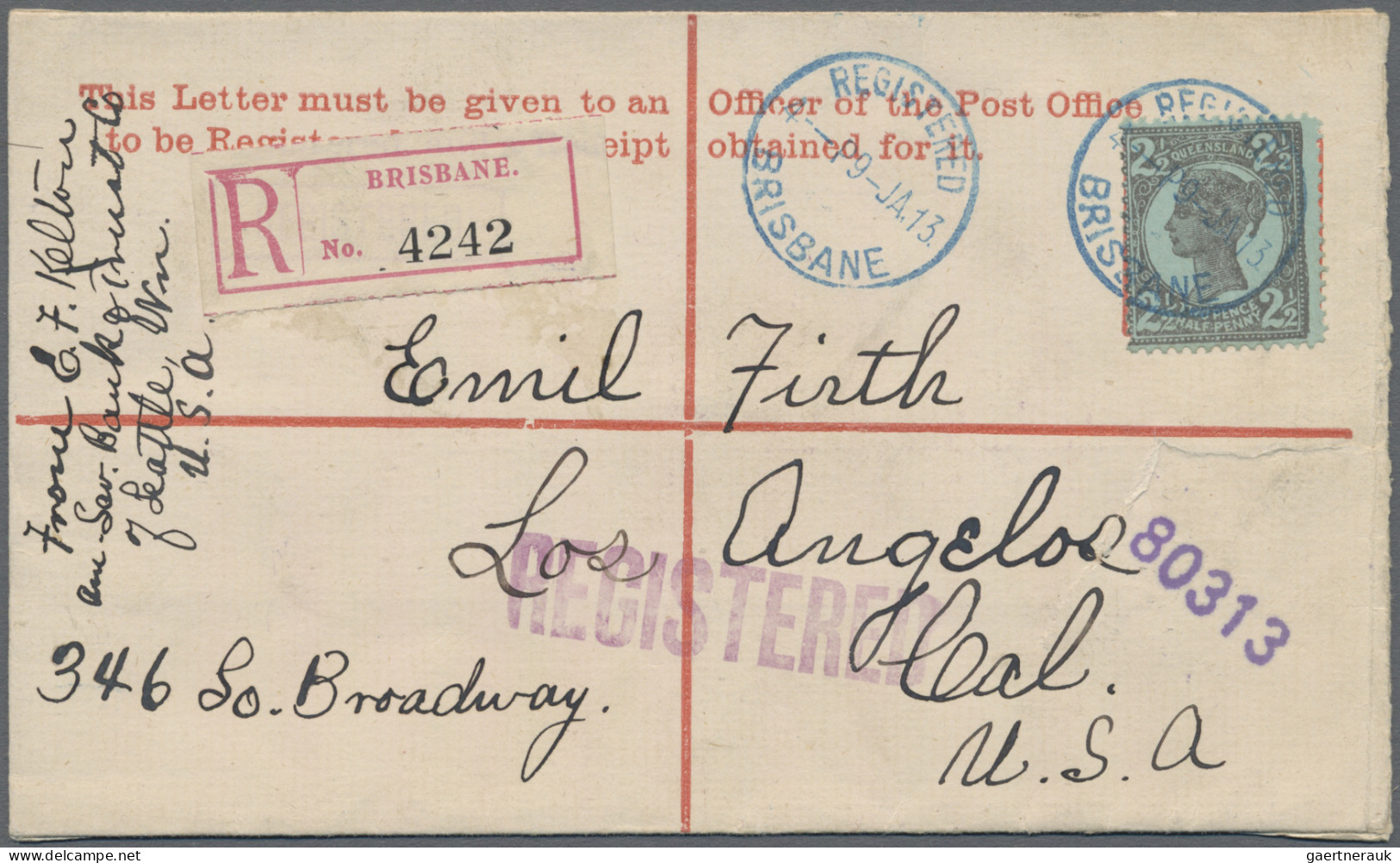 Queensland - Postal Stationery: 1913, 3d Red KEVII Registered Envelope On White - Lettres & Documents