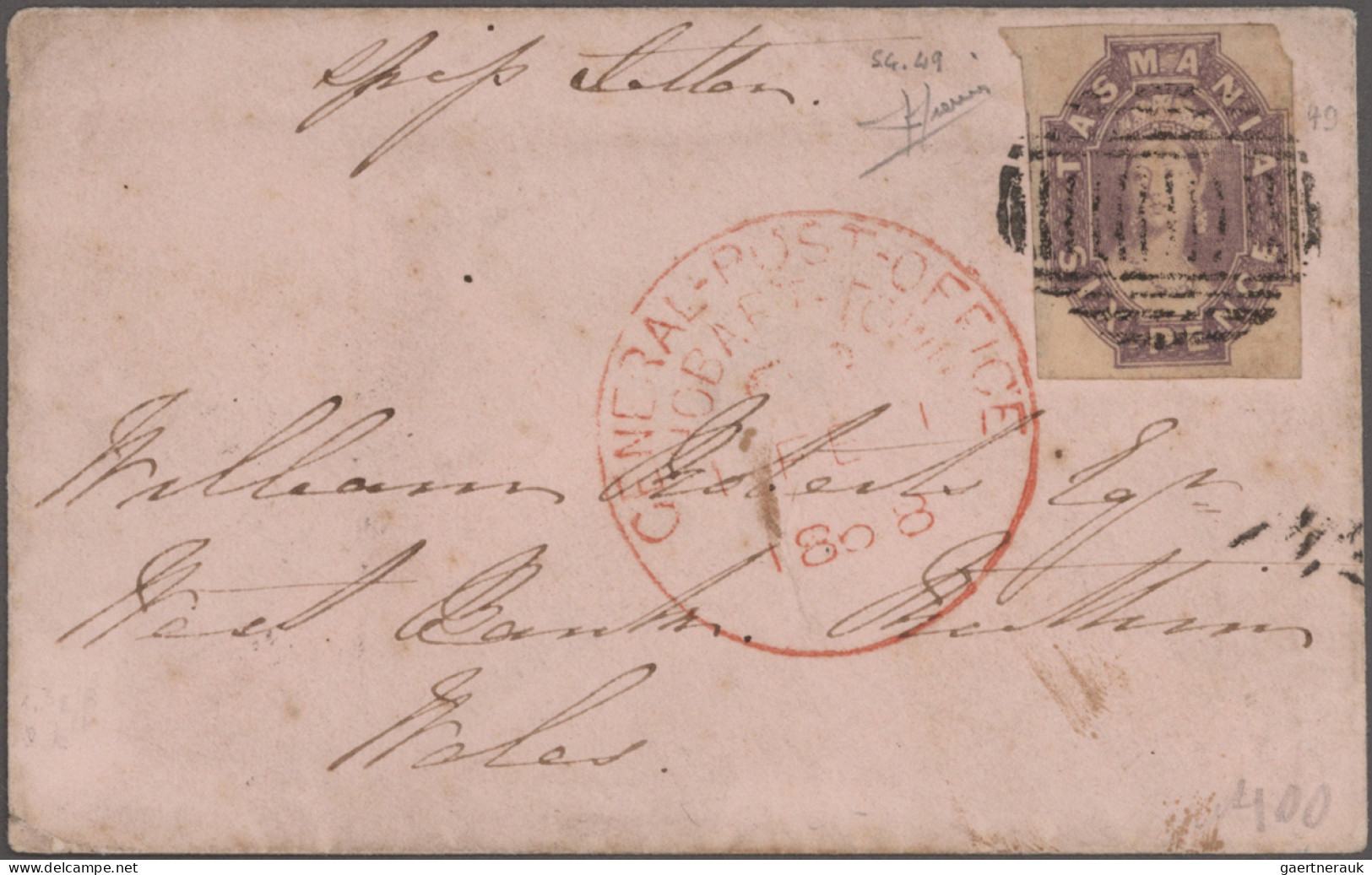 Tasmania: 1867, 6d Reddish Mauve, Tied By Mute Killer To Cover Addressed For Rut - Cartas & Documentos