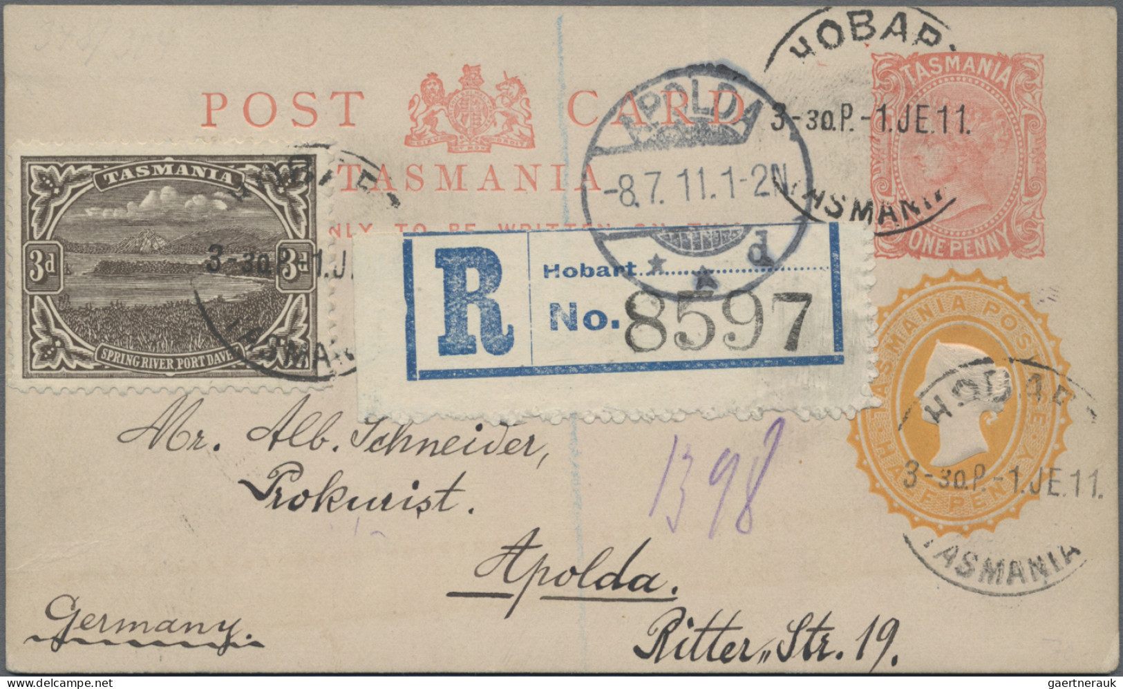 Tasmania -  Postal Stationery: 1882, ½d Yellow-orange Oval Embossed QV Below 1d - Brieven En Documenten