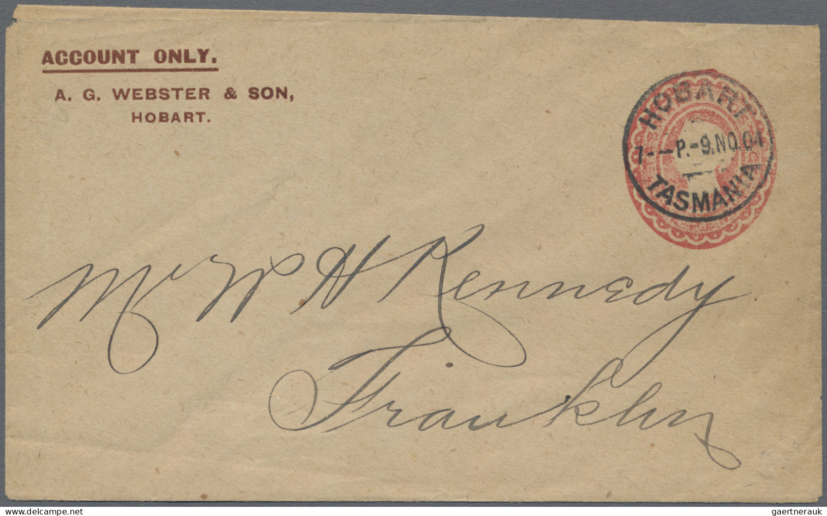 Tasmania -  Postal Stationery: 1904/1911, 1d Red QV Oval Embossed Printed-to-ord - Covers & Documents