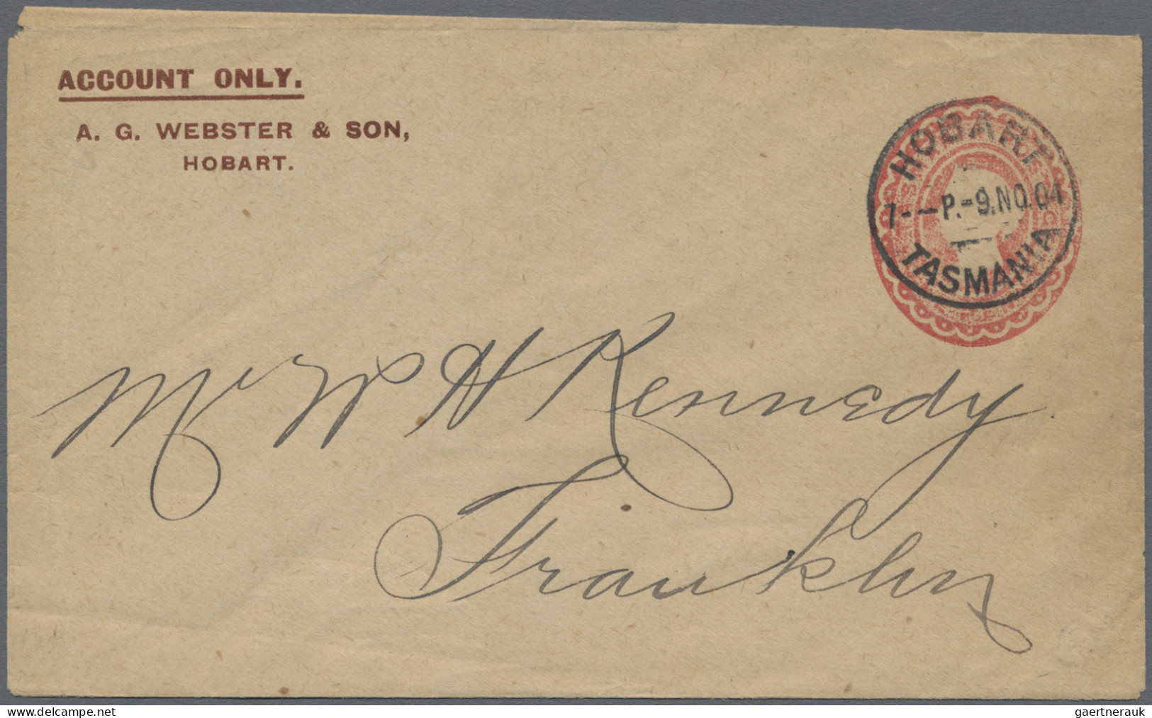 Tasmania -  Postal Stationery: 1904/1911, 1d Red QV Oval Embossed Printed-to-ord - Lettres & Documents