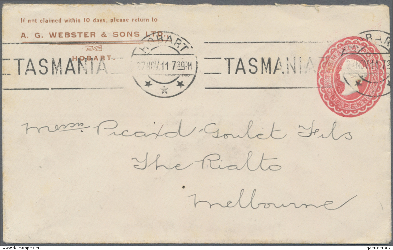 Tasmania -  Postal Stationery: 1904/1911, 1d Red QV Oval Embossed Printed-to-ord - Lettres & Documents