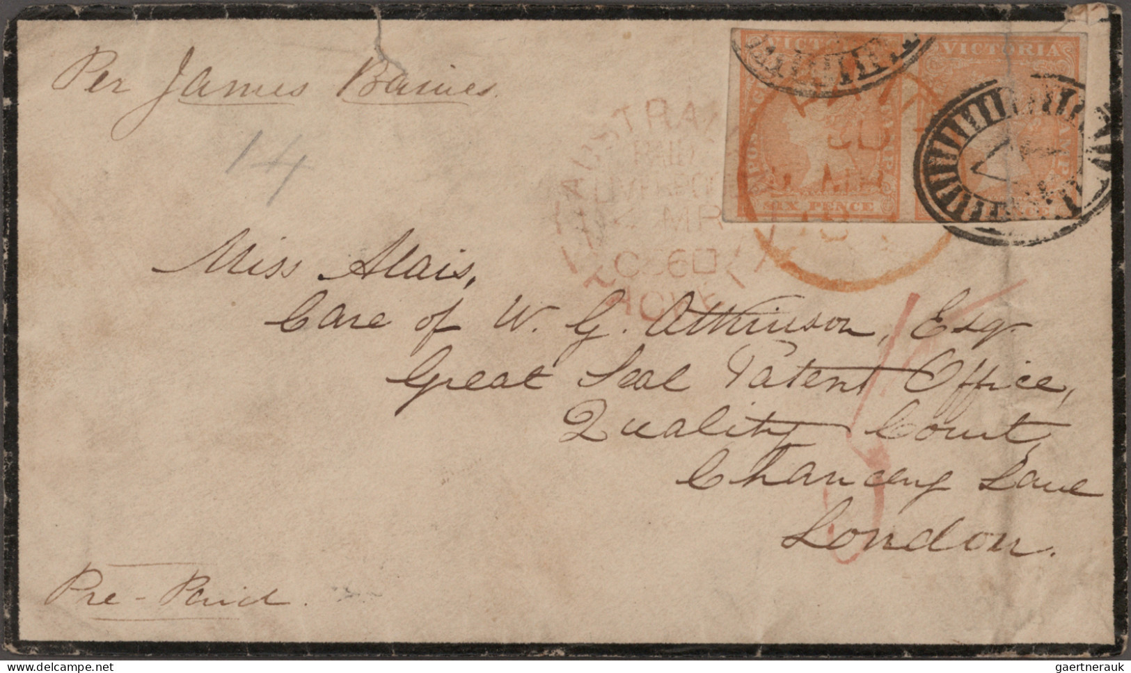 Victoria: 1854, 6d. Orange, Horizontal Pair, Tied By Black Killer And Red Circul - Cartas & Documentos