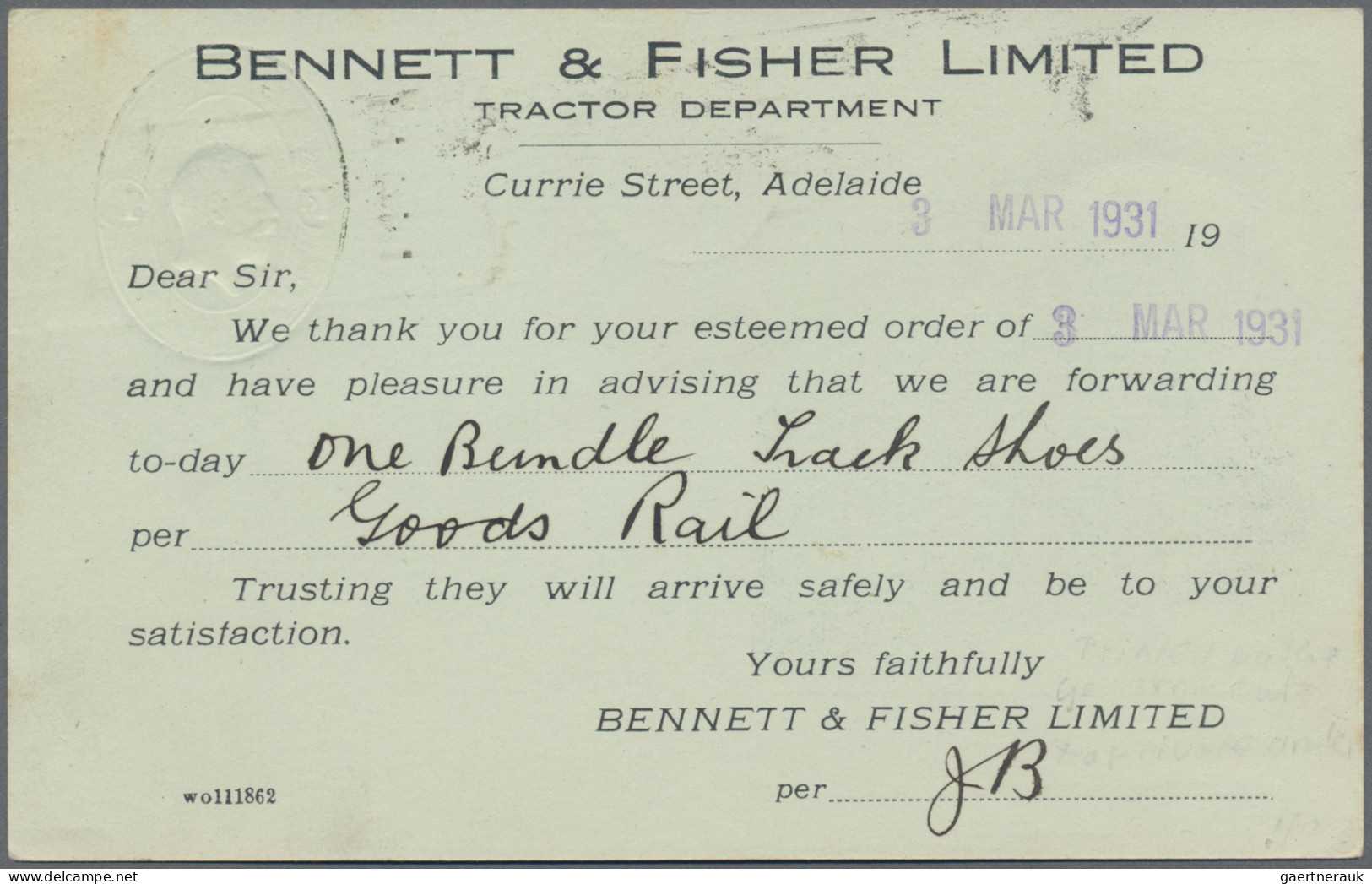 Australia - Postal Stationery: 1931, 1d Green KGV Embossed Stamped-to-order Post - Interi Postali