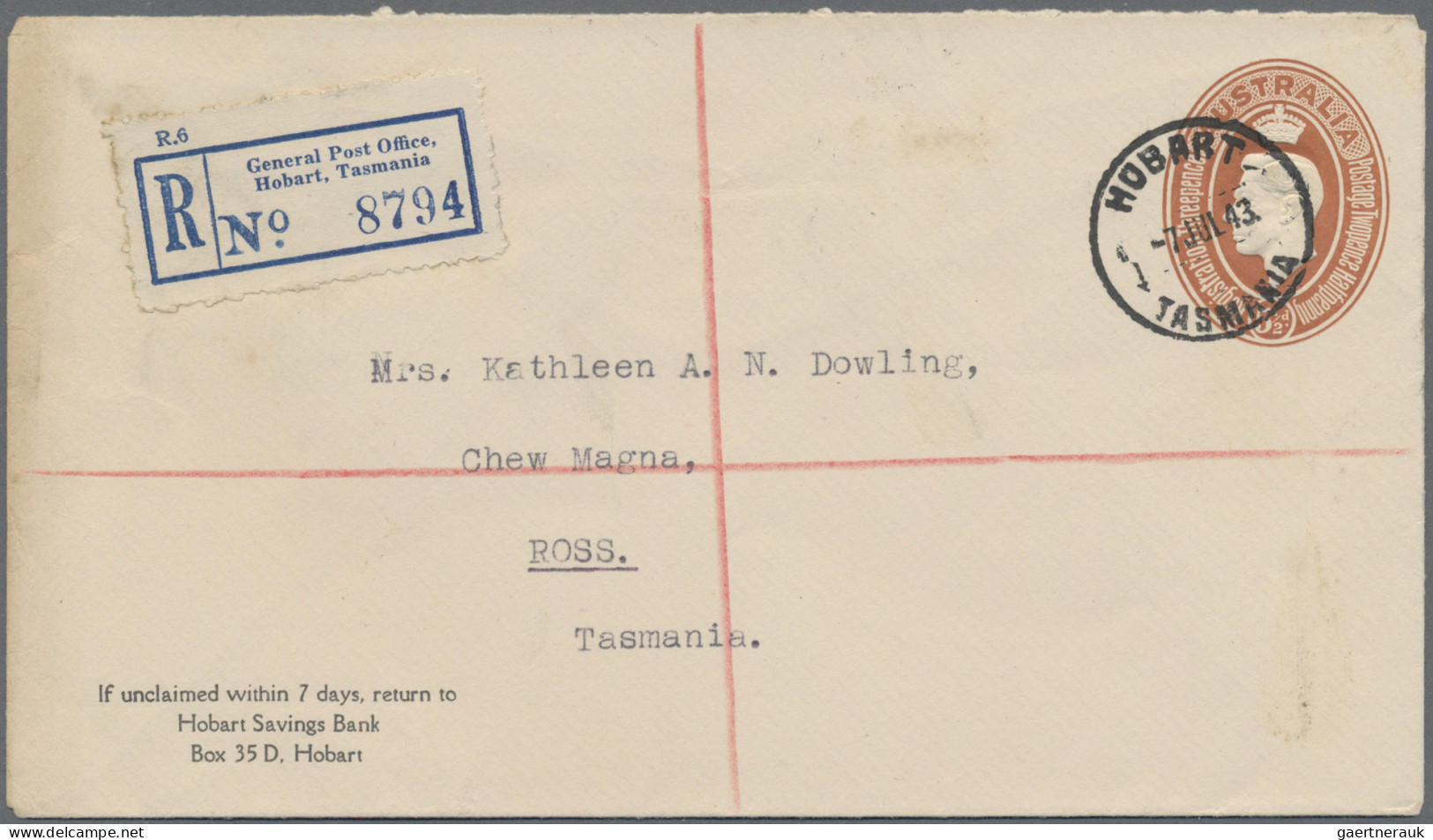 Australia - Postal Stationery: 1943, 5 ½d Brown KGVI Stamped-to-order Registrati - Enteros Postales