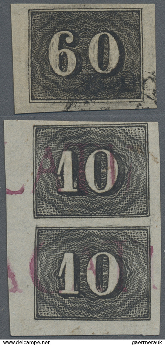 Brazil: 1849 Verticais 10r. Black Vertical Corner Pair (lower Left) Used With Pa - Gebruikt