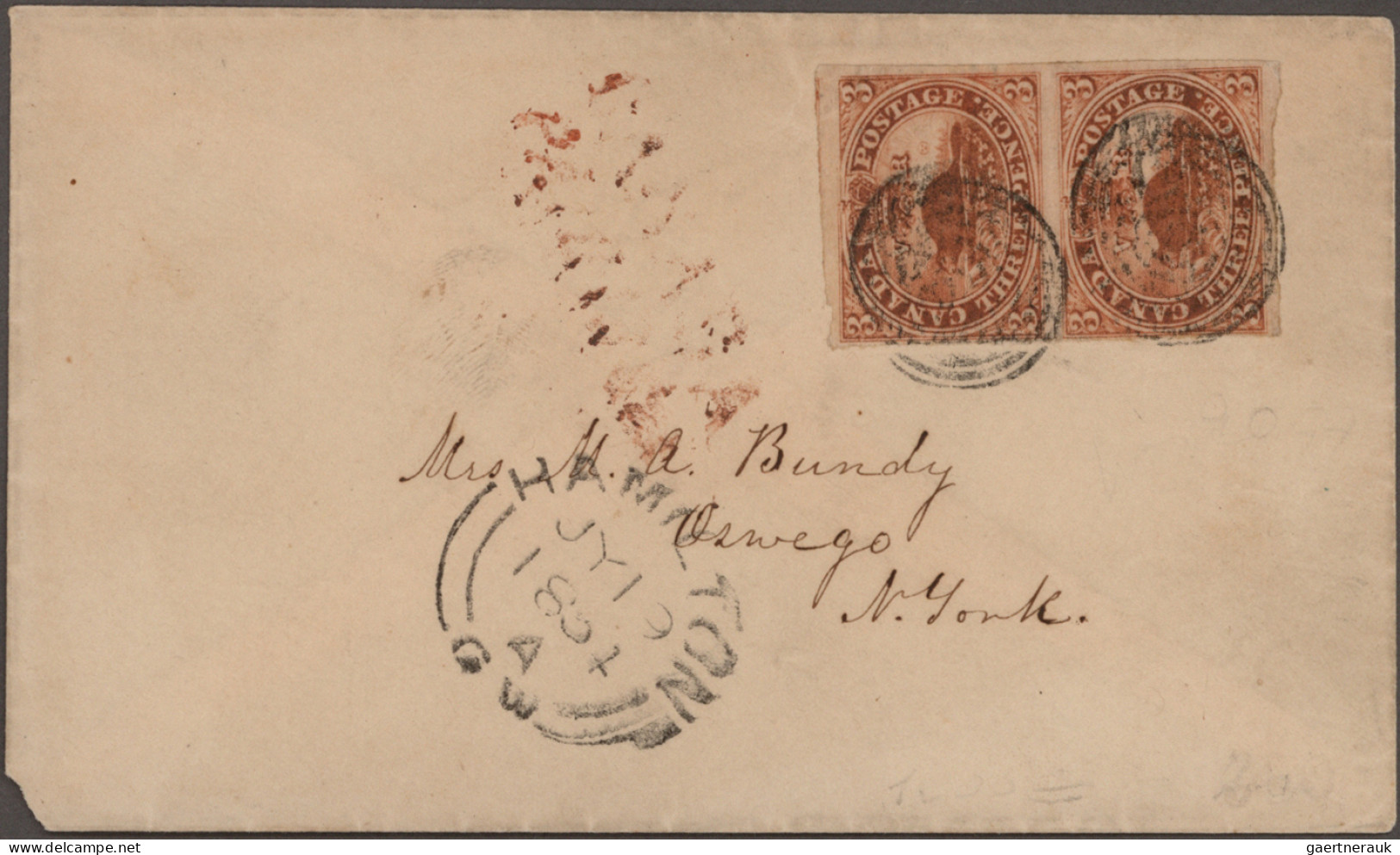 Colony Of Canada: 1851, 3d. Red "American Beaver", Vertical Pair, Tied By Mute K - ...-1851 Préphilatélie