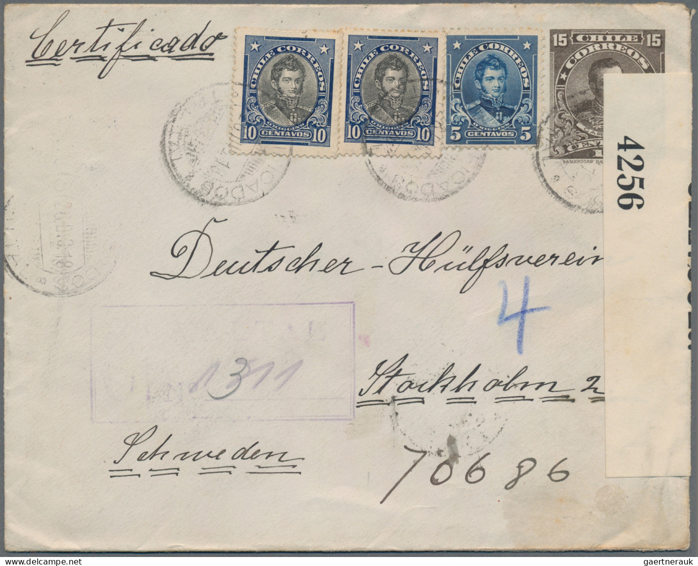 Chile: 1918, Stationery Envelope 15 C. Brown Uprated 5 C., 10 C. (2), Tied "Talt - Chile