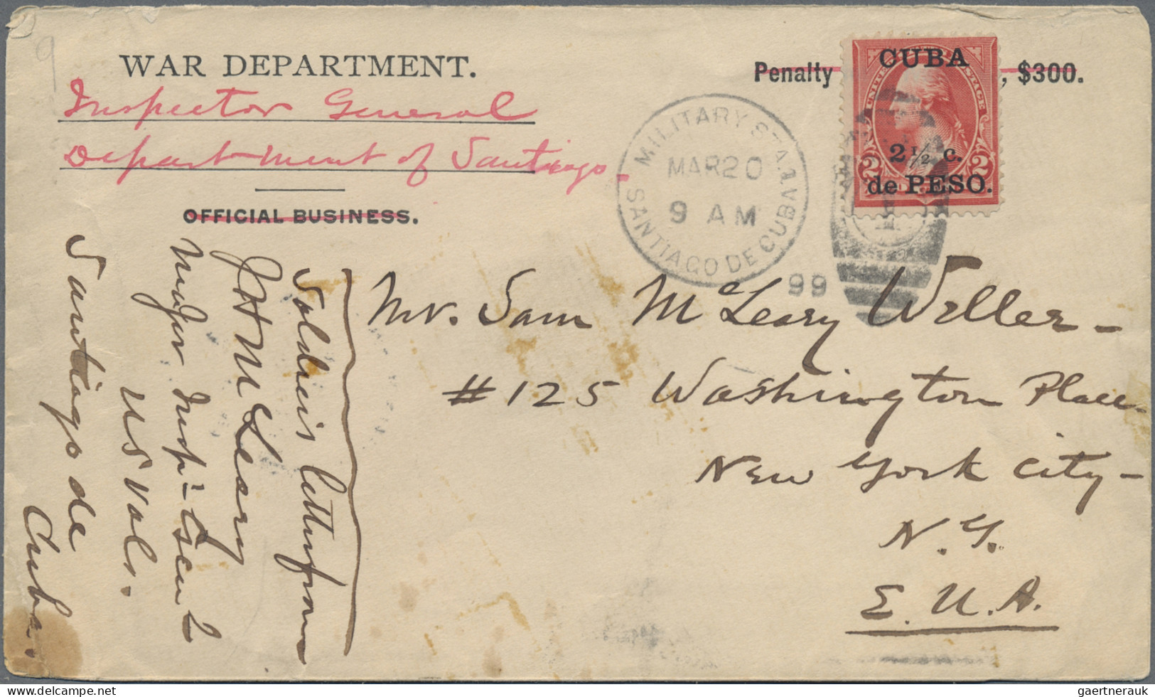 Cuba: 1899 (Spanish War): "War Department" Envelope Used From Santiago De Cuba T - Brieven En Documenten