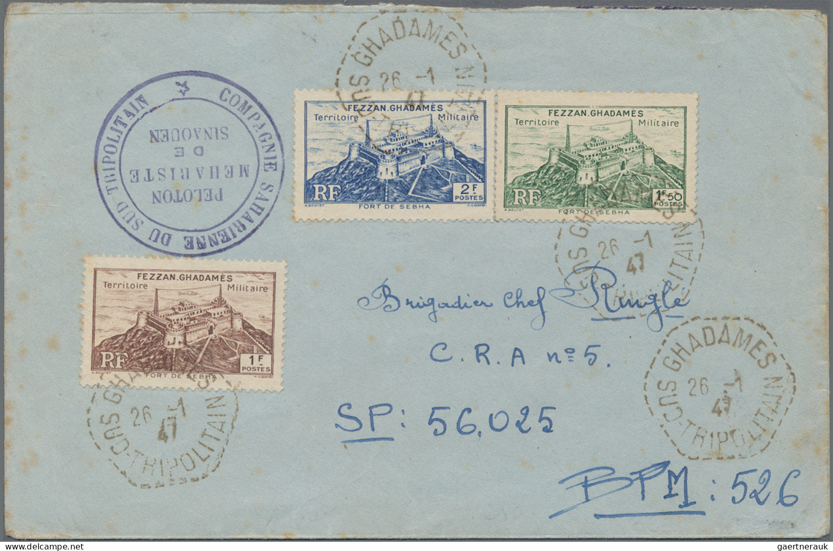 Fezzan: 1947, 1 Fr Brown, 1,50 F Green And 2 F Blue "Fort Sheba" Definitives Tie - Lettres & Documents