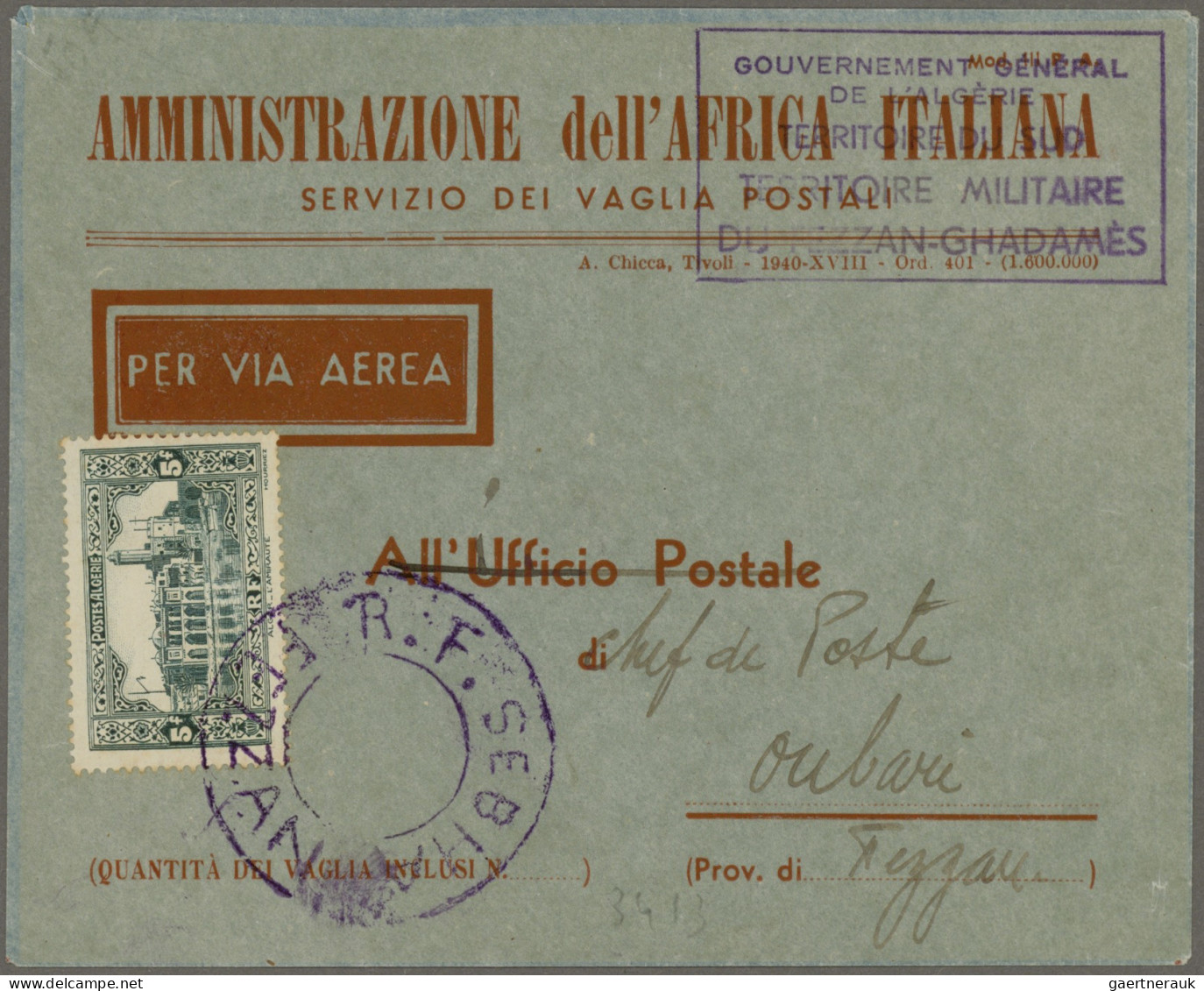 Fezzan: 1949 (ca), Algerian 4 Fr Definitive Tied By RARE Large, Violet Double Ci - Brieven En Documenten