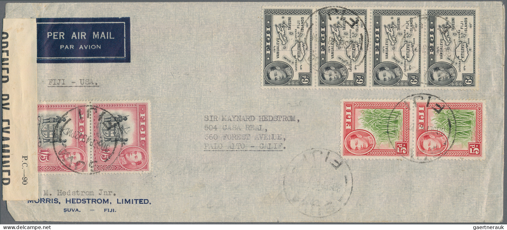 Fiji: 1943 Censored Mail: Air Mail Envelope Used From Suva To Palo Alto, Cal., U - Fidschi-Inseln (...-1970)