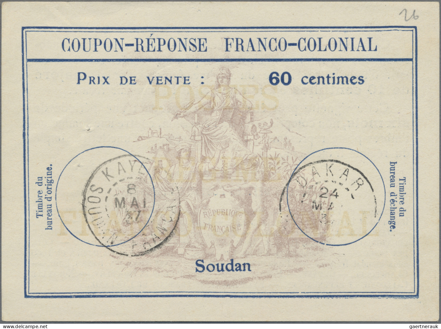 French Sudan: 1937 Intern. Reply Coupon "Franco-Colonial" 60c. With "KAYES/8 MAI - Andere & Zonder Classificatie