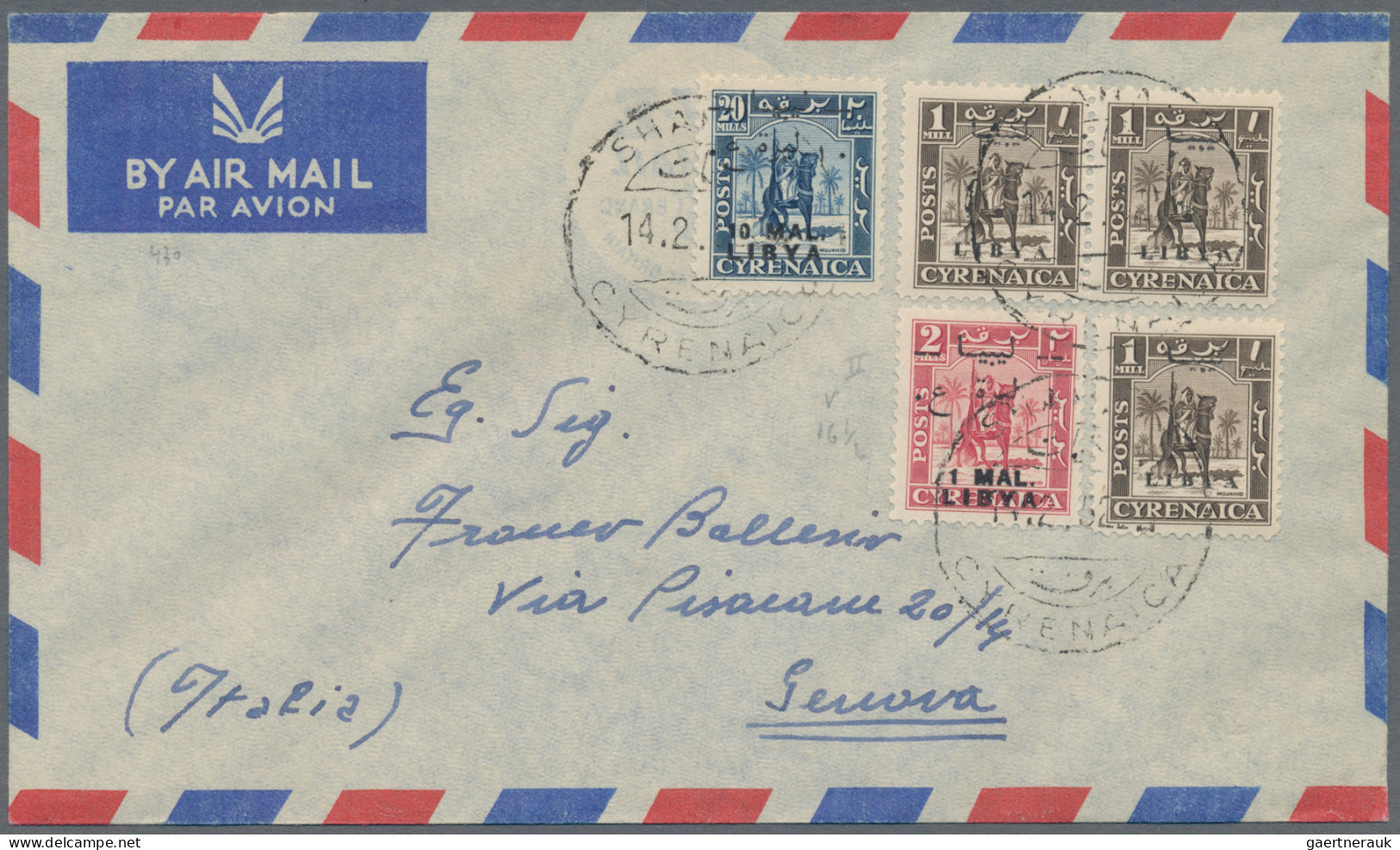 Libya: 1951/52, Cover Addressed To Genova (Genoa), Italy Bearing Three Cyrenaica - Libye