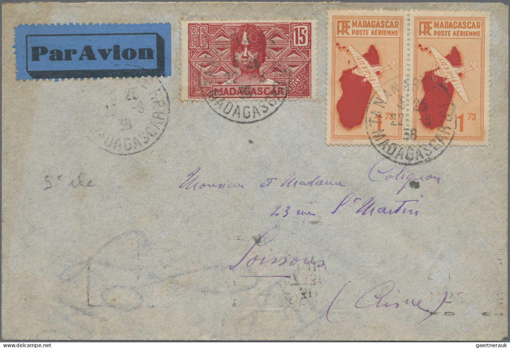 Madagascar: 1936/60, Airmail Stamp 1.75 Fr., A Top Right Margin Corner Block Of - Madagaskar (1960-...)