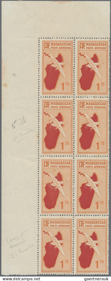 Madagascar: 1936/60, Airmail Stamp 1.75 Fr., A Top Right Margin Corner Block Of - Madagascar (1960-...)