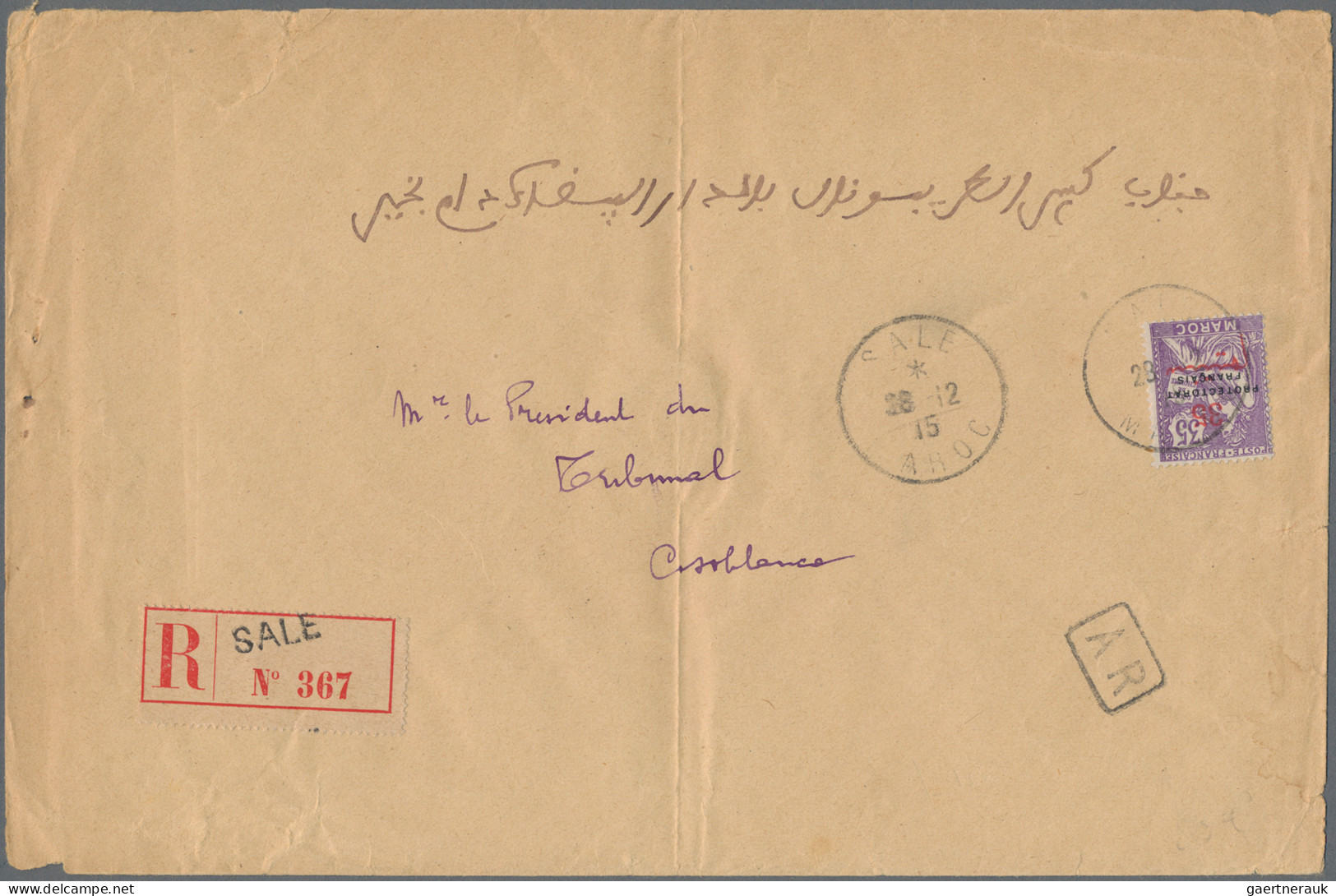 Morocco: 1915 Registered Advice Of Receipt Envelope From Sale To Casablanca, Fra - Covers & Documents