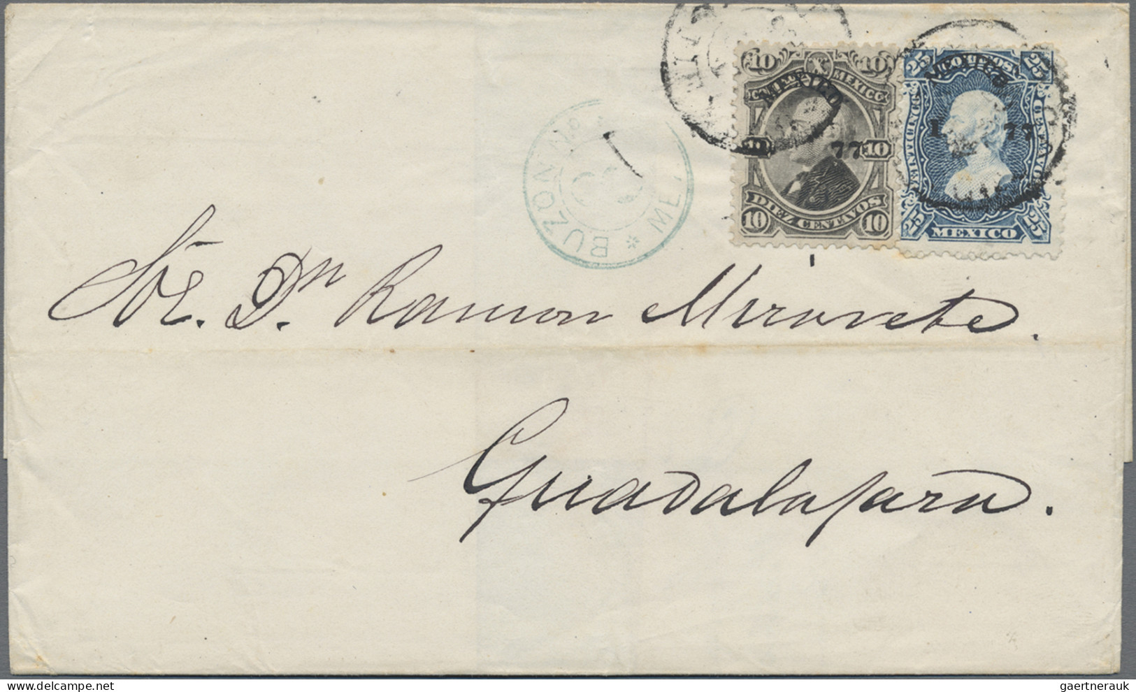 Mexico: 1877 Folded Cover From Mexico To Guadalajara Franked 1874 10c. And 25c. - Mexico