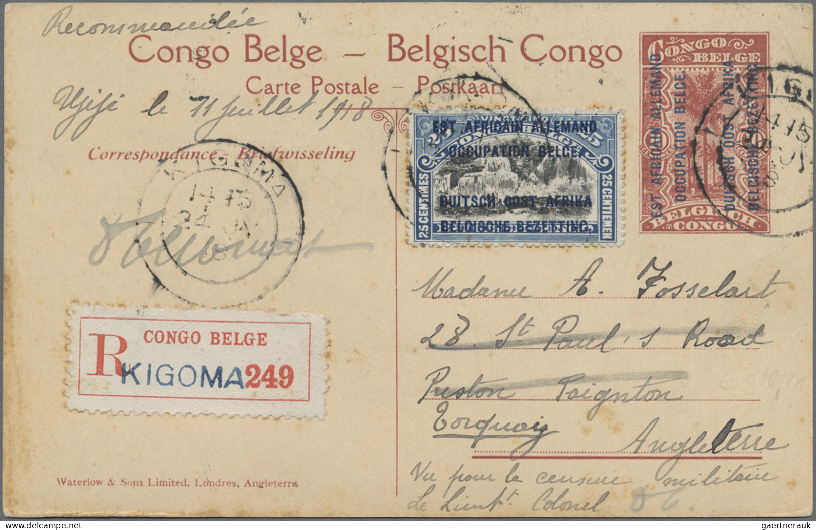 Ruanda-Urundi: 1918 Postal Stationery Picture Card 10c. Of Belgian Congo Optd. F - Covers & Documents