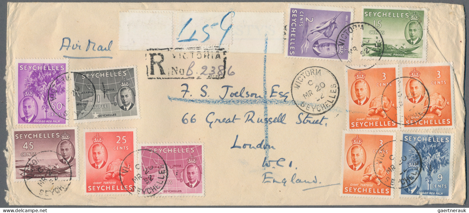 Seychelles: 1945/52 Two Air Mail Covers From Victoria To England, With 1945 Offi - Seychelles (...-1976)