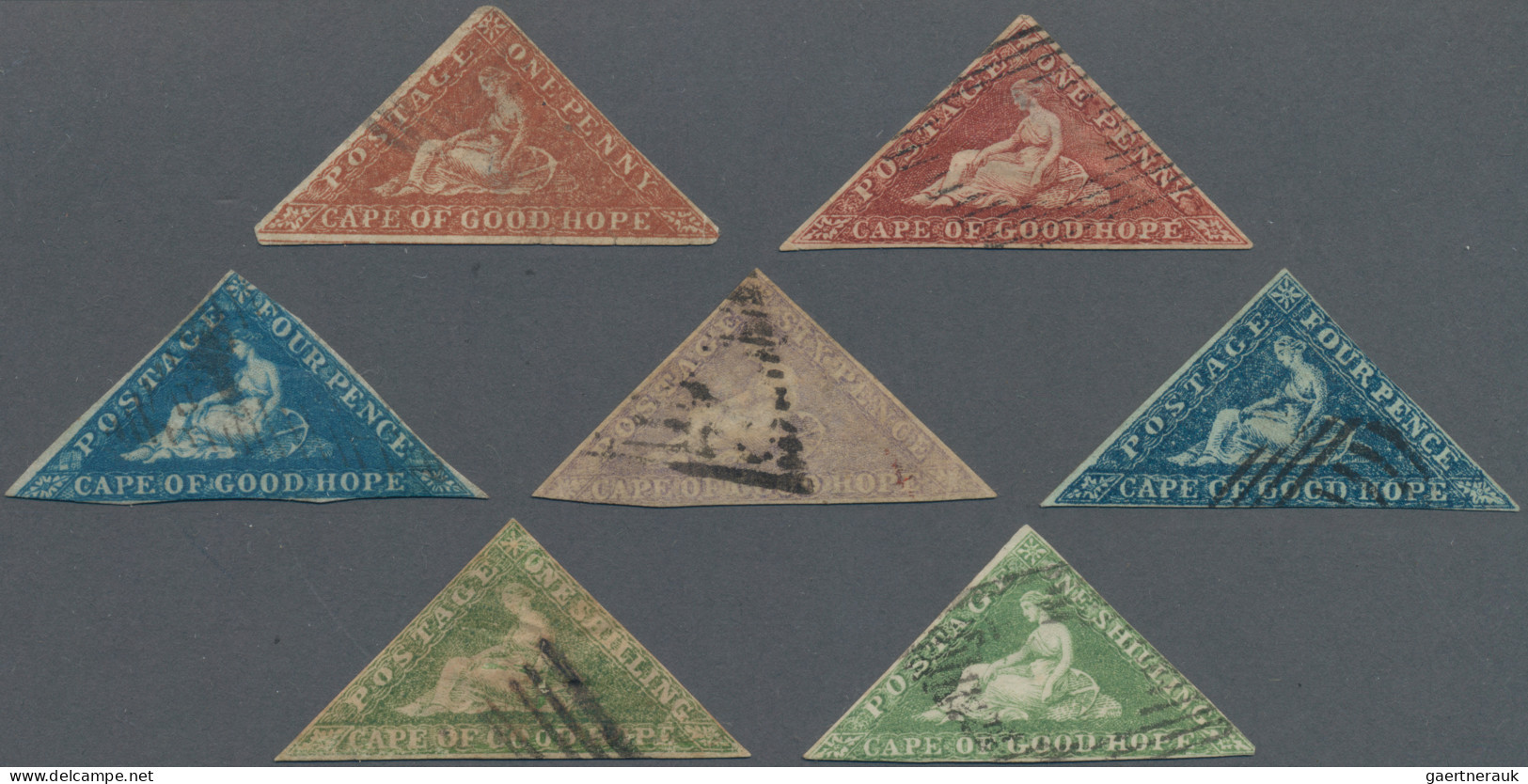 Cap Of Good Hope: 1853-64 Seven Triangles Used, From 1d. To 1s., Various Printin - Cape Of Good Hope (1853-1904)