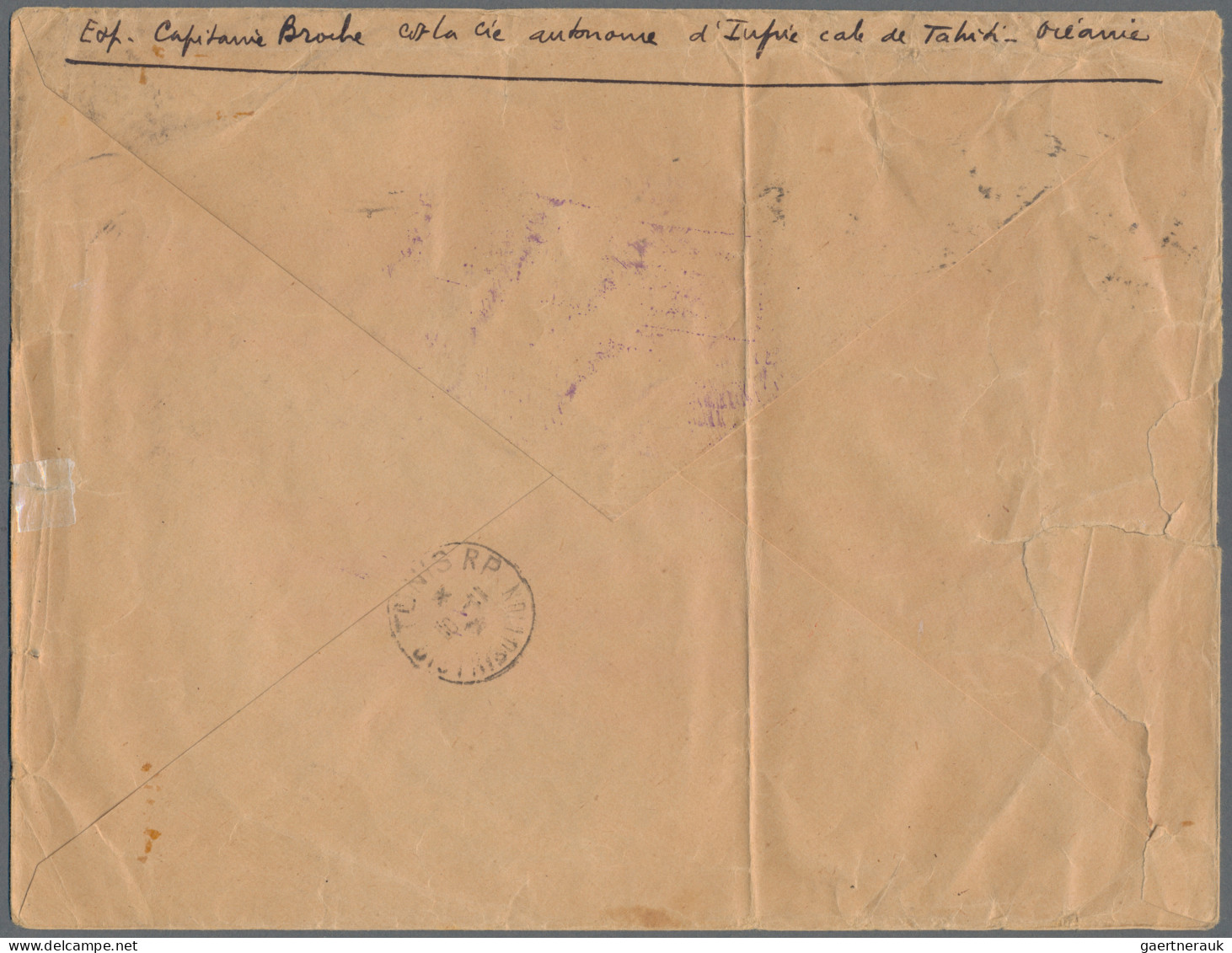 Tahiti: 1939 Stampless Envelope Used From Papete To Tunis, Tunisie Cancelled "PA - Tahiti