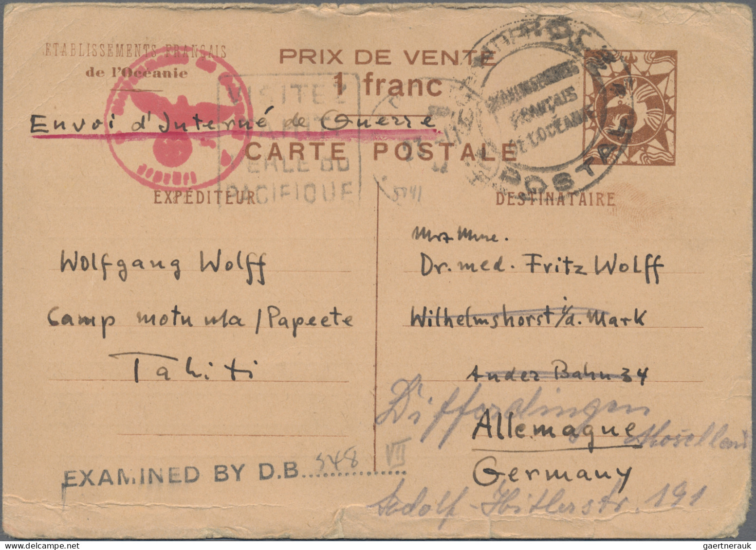 Tahiti - Postal Stationery: 1942, Card 1 Fr. Brown Endorsed "Envoi D'Interné De - Tahiti