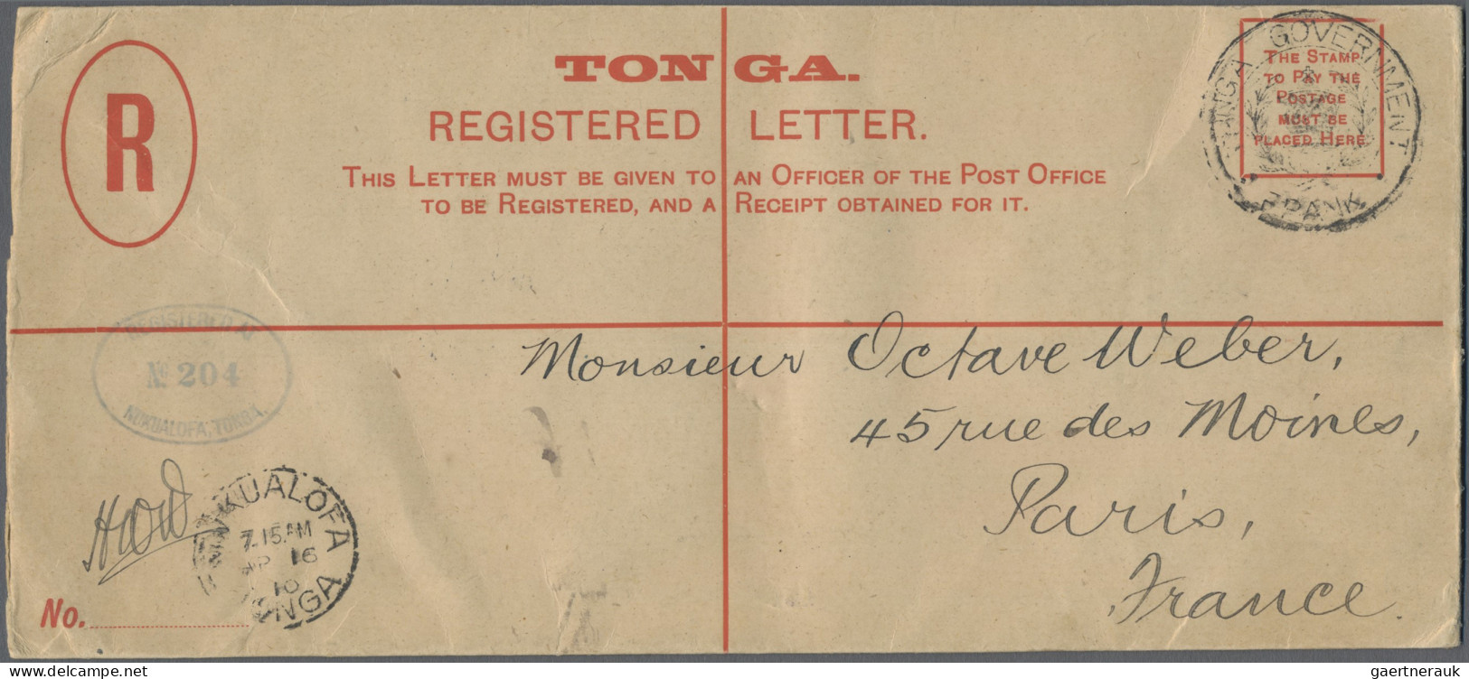 Tonga - Postal Stationery: 1910, Registered Envelope 4d. "uprated" By Government - Tonga (1970-...)