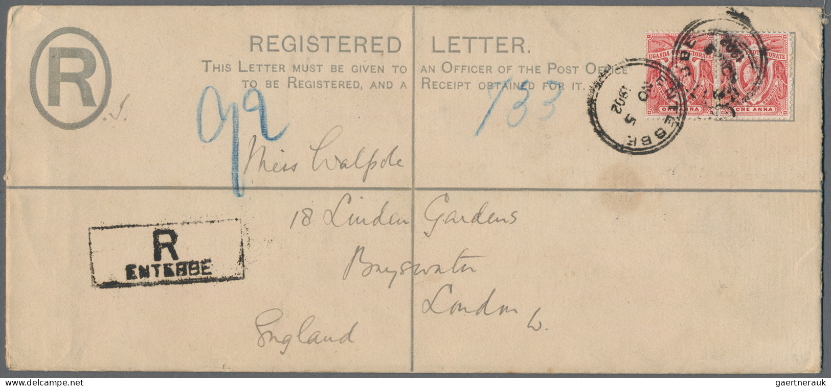 Uganda: 1902 Postal Stationery Registered Envelope 2a. Red-brown, Format H2 (225 - Uganda (1962-...)