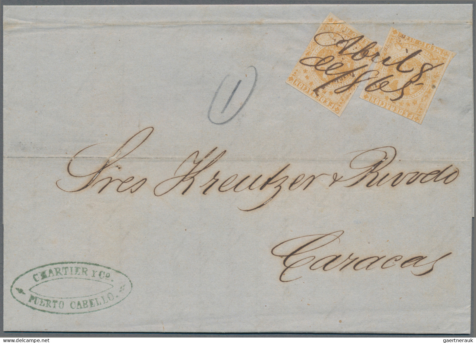 Venezuela: 1865, 1/2 R. Orange (2) With Manuscript Obliteration "Abril 8 DE 1865 - Venezuela